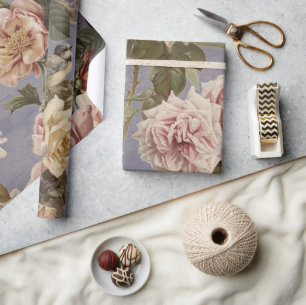 Vintage Dusty Rose Peony Birds Blue Decoupage Wrapping Paper
