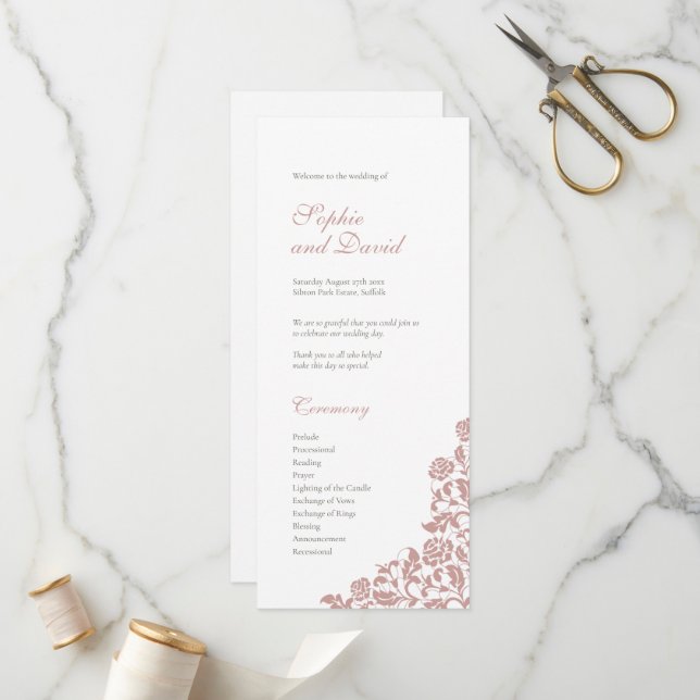 Vintage Dusty Rose Pink Lace Wedding Program (Front/Back In Situ)