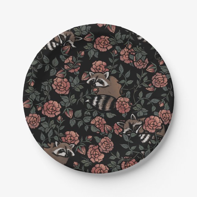 Vintage Dusty Rose Raccoons  Paper Plates (Front)