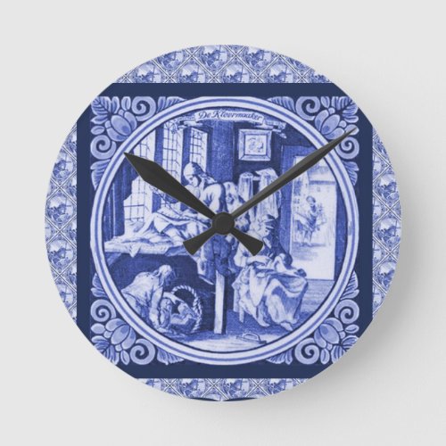 Vintage Dutch Blue Delft tile design Round Clock