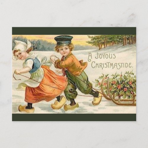 Vintage Dutch Boy and Girl With Sled Christmas Postcard