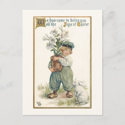 Vintage Dutch Boy with Easter Lilies and Bunny Postcard