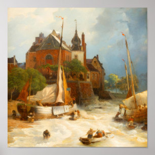 Vintage Dutch Coastal Town and Sailing Ships Poster