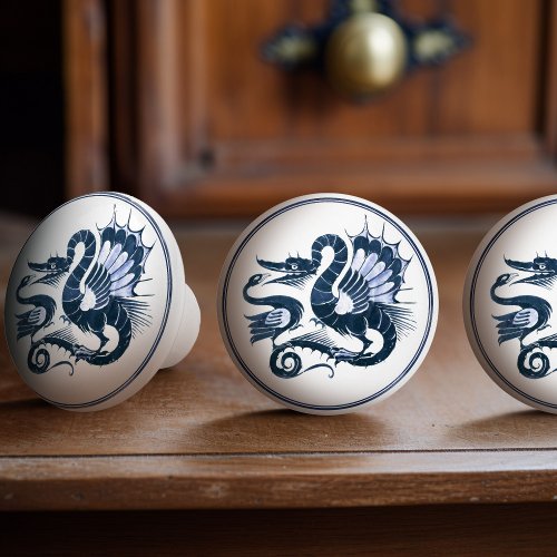 Vintage Dutch Delft Blue Dragon Bird Battle Morgan Ceramic Knob