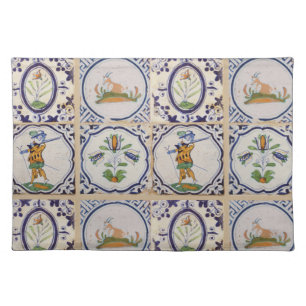 Vintage Dutch Delft Tiles 17th Century pottery art Cloth Placemat