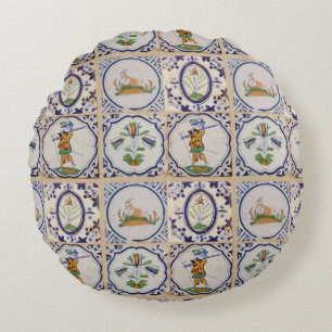 Vintage Dutch Delft Tiles 17th Century pottery art Round Pillow