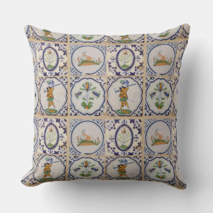 Vintage Dutch Delft Tiles 17th Century pottery art Throw Pillow