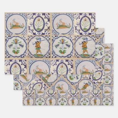 Vintage Dutch Delft Tiles 17th Century pottery art Wrapping Paper Sheets