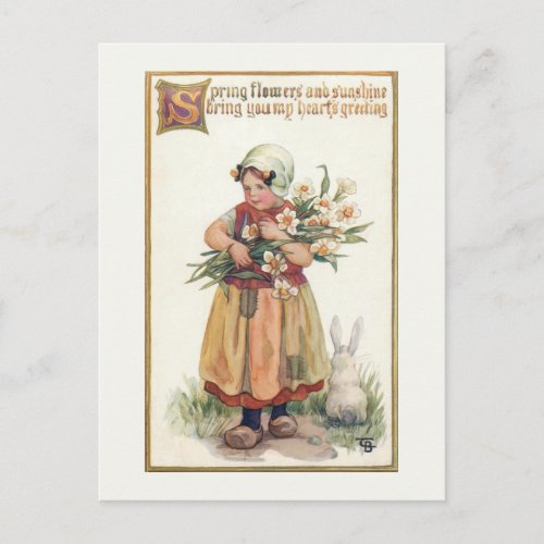 Vintage Dutch Girl with Easter Spring Jonquils Postcard