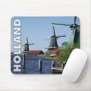 Vintage Dutch Red White Green Three Windmill Photo Mouse Pad