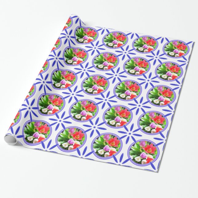 Vintage Dutch Tiles Delftware Tulips Holland Wrapping Paper (Unrolled)