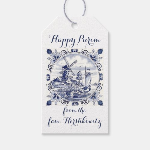 Vintage Dutch Windmill Happy Purim Gift Tags