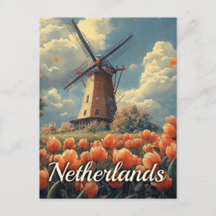 Vintage Dutch Windmill : Tulips and Charm Postcard