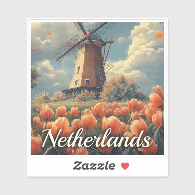 Vintage Dutch Windmill : Tulips and Charm Sticker (Sheet)