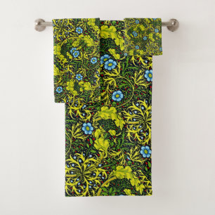 Vintage Early 20th Century Pattern Blue Green Gold Bath Towel Set