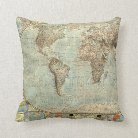 Vintage Earth Globe Map Print Throw Pillow