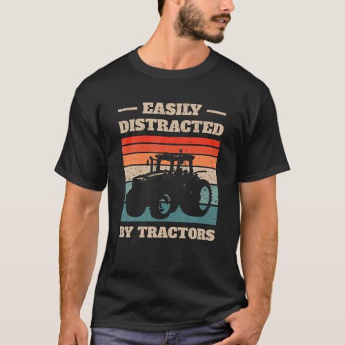 Vintage Easily Distracted By Tractors Farming Funn T_Shirt