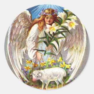 Vintage Easter Angel and Lamb Classic Round Sticker