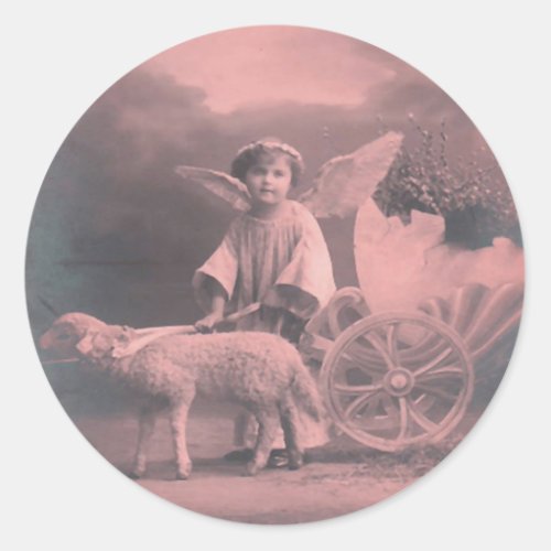 Vintage Easter Angel and Lamb Classic Round Sticker