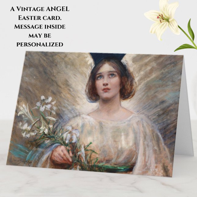 Vintage Easter Angel and White Lilies Card (A beautiful vintage angel Easter card. Message inside may be personalized.)