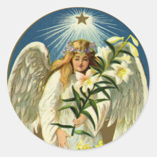 Vintage Easter Angel, Lamb, Lily Flower, Gold Star Classic Round Sticker