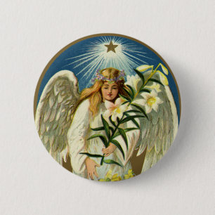 Vintage Easter Angel, Lamb, Lily Flower, Gold Star Pinback Button