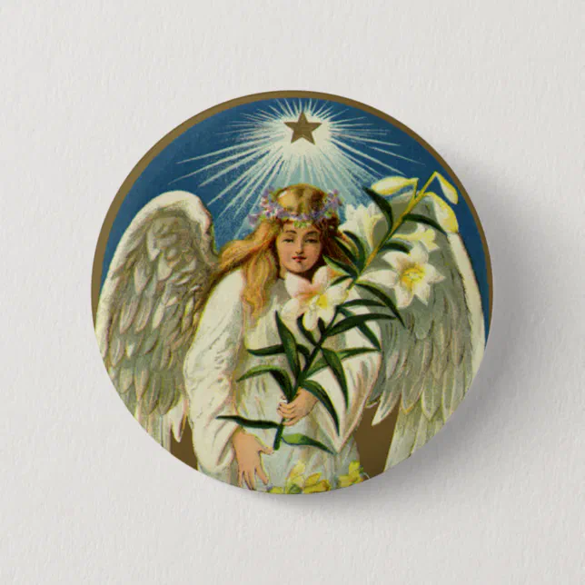 Vintage Easter Angel, Lamb, Lily Flower, Gold Star Pinback Button | Zazzle