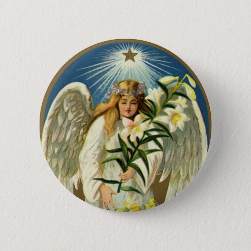 Vintage Easter Angel Lamb Lily Flower Gold Star Pinback Button