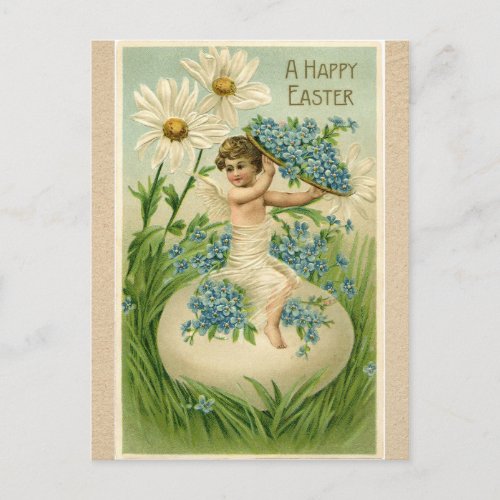 Vintage Easter angel sitting on egg with flowers Holiday Postcard