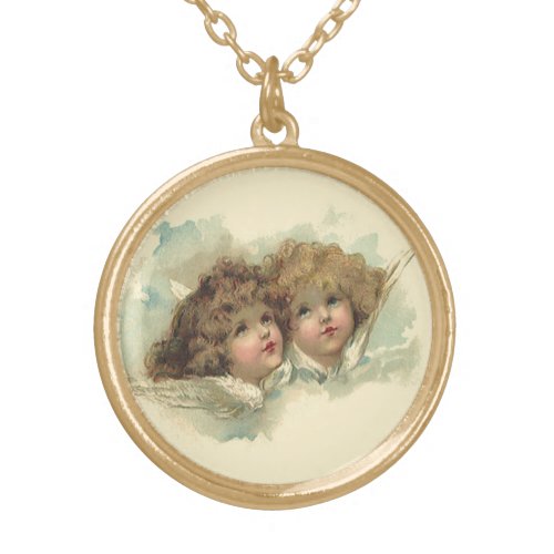 Vintage Easter Angelic Angels Clouds in Heaven Gold Plated Necklace