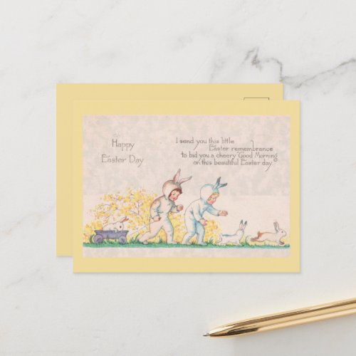 Vintage Easter Babies  Bunny Rabbits Cute Yellow Postcard