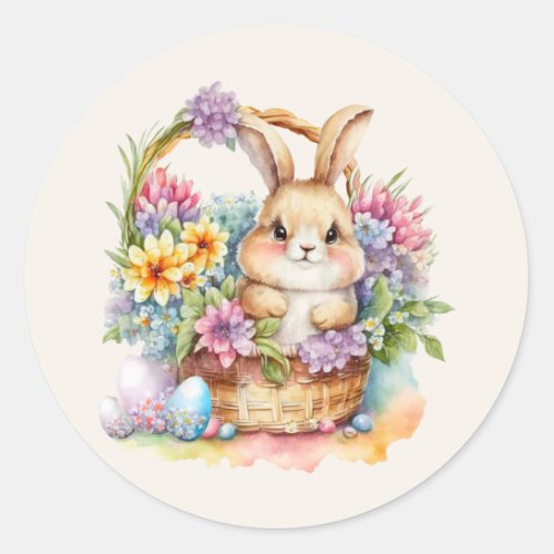 Vintage Easter Basket Bunny Pastel Flowers Classic Round Sticker