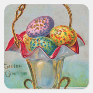 Vintage Easter Basket Colored Egg Square Sticker
