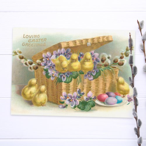 Vintage Easter Basket Eggs and Chicks Holiday Card
