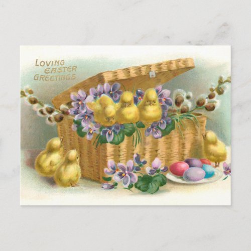 Vintage Easter Basket Eggs and Chicks Postcard