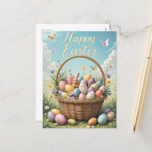 Vintage Easter Basket with Eggs Holiday Postcard