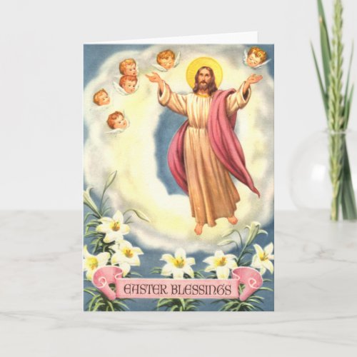 Vintage Easter Blessings Jesus and Angels Holiday Card