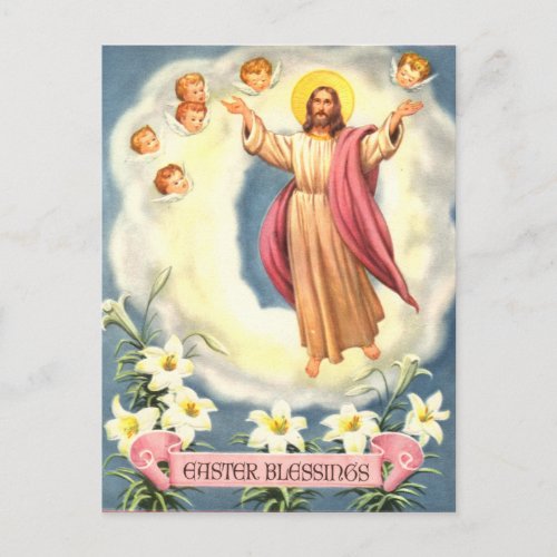 Vintage Easter Blessings Jesus and Angels Holiday Postcard
