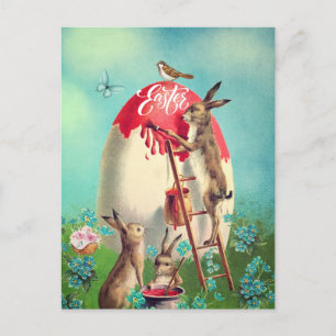 Vintage Easter Bunnies and a Giant Egg Holiday  Postcard