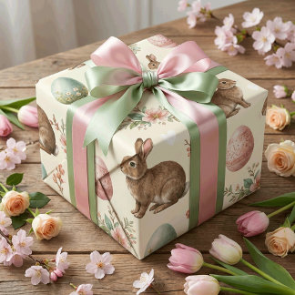 Vintage Easter Bunnies and Easter Eggs Cute Pastel Wrapping Paper Sheets