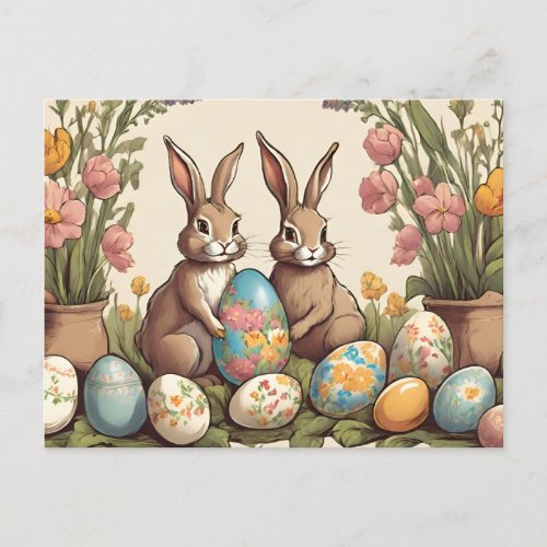 Vintage Easter Bunnies and Easter Eggs  Holiday Postcard
