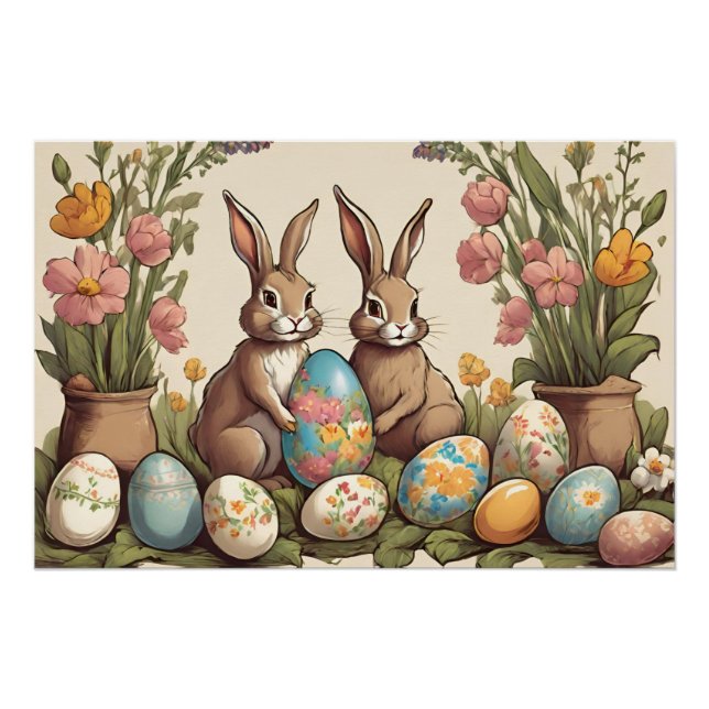 Vintage Easter Bunnies and Easter Eggs  Poster (Front)