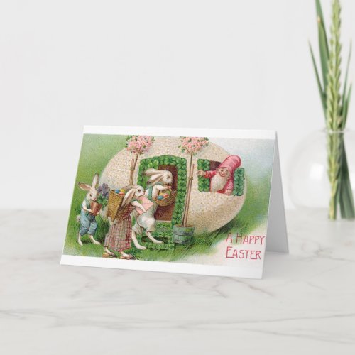 Vintage Easter Bunnies And Gnome Card