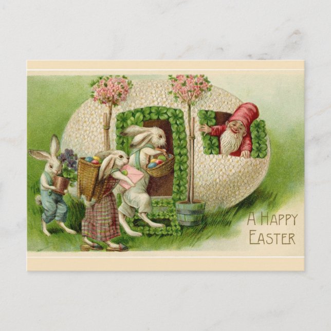Vintage Easter Bunnies and Gnome Easter Greetings Postcard (Front)