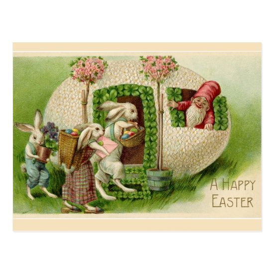 Vintage Easter Bunnies and Gnome Easter Greetings Postcard