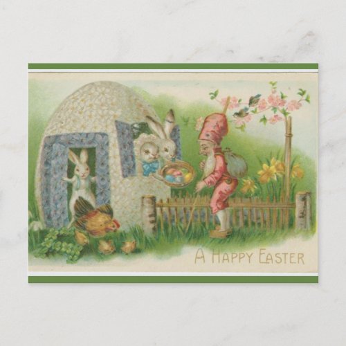 Vintage Easter Bunnies Chicken sand Gnome Easter Postcard
