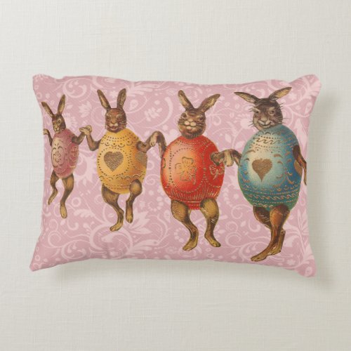Vintage Easter Bunnies Dancing with Egg Costumes Decorative Pillow