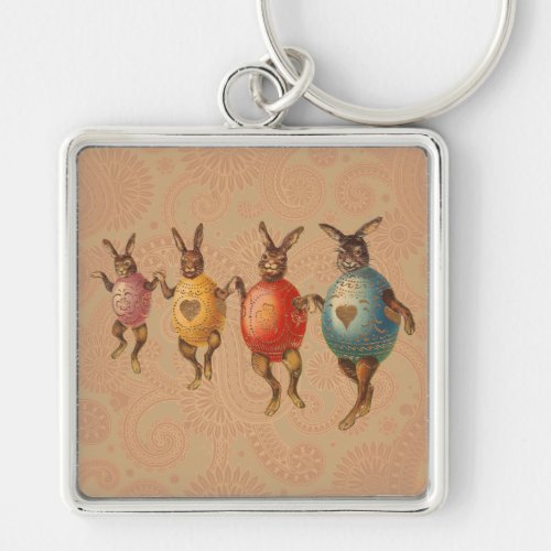 Vintage Easter Bunnies Dancing with Egg Costumes Keychain