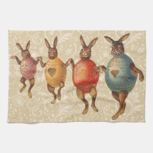 Vintage Easter Bunnies Dancing with Egg Costumes Kitchen Towel