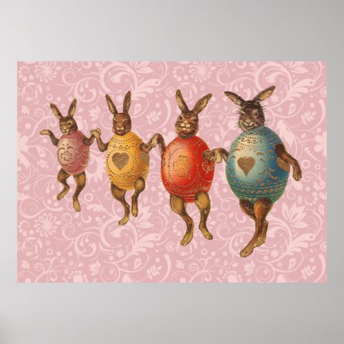 Vintage Easter Bunnies Dancing with Egg Costumes Poster